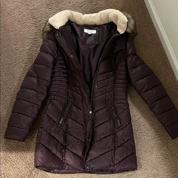 Laundry By Shelli Segal Dark Brown Puffer Coat with Faux Fur Trim - Picture 1 of 3